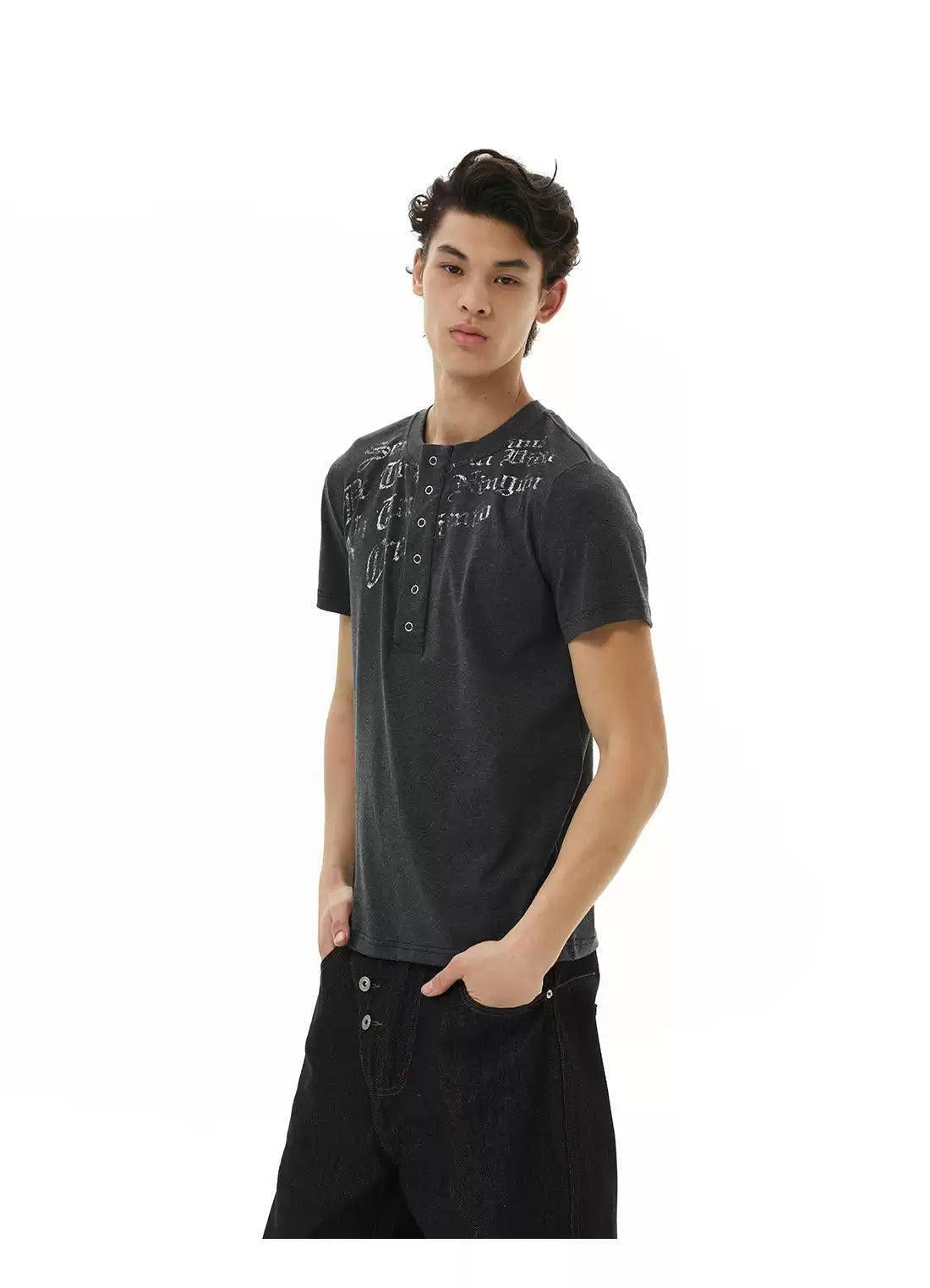 Text Print Henley Collar T-Shirt