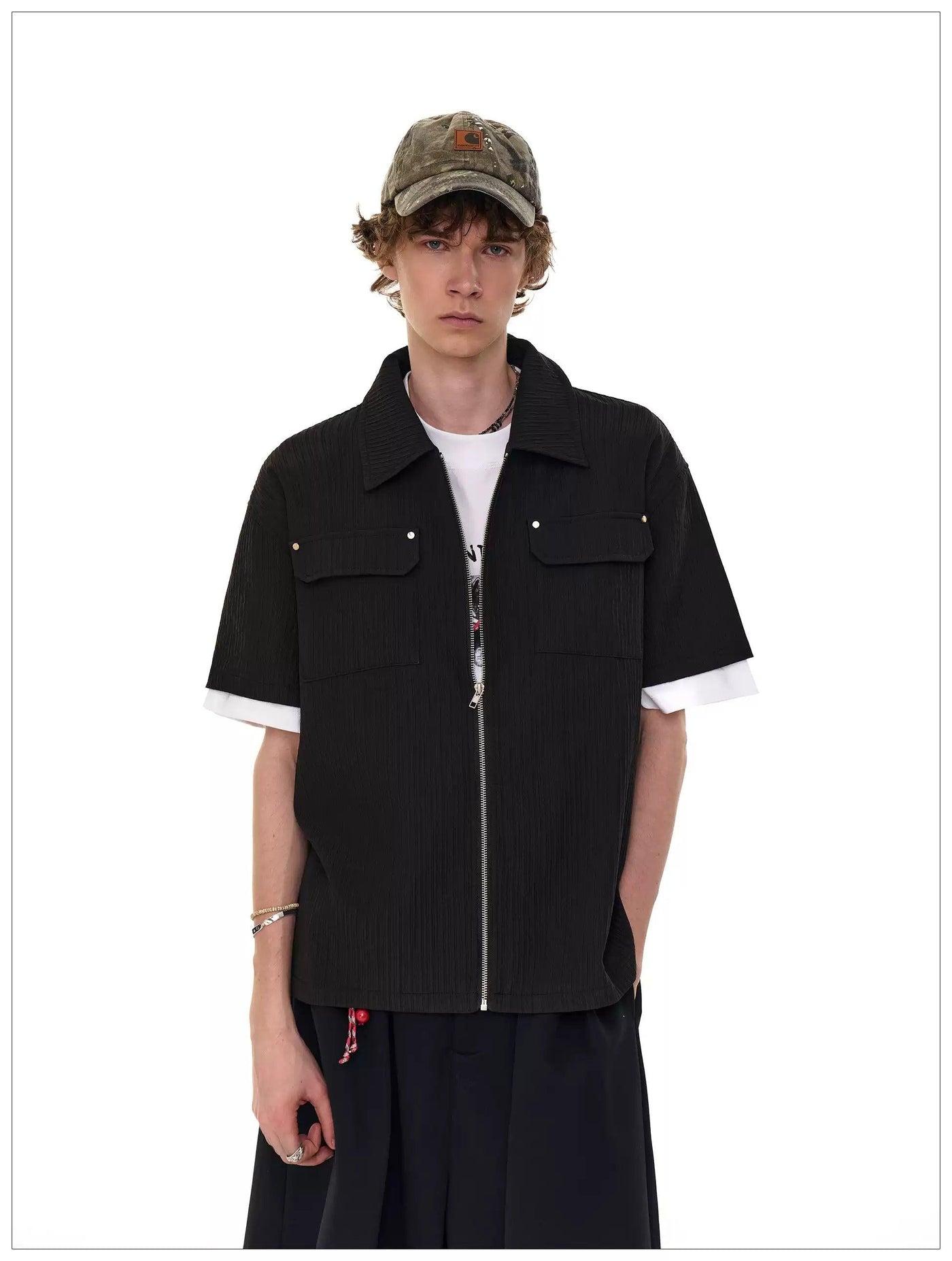 Flap Pockets Spliced Sleeve Zipped Shirt