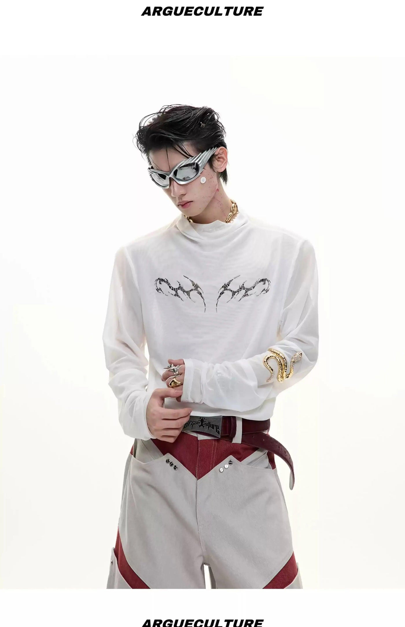 Metallic Print Mesh Long Sleeve T-Shirt
