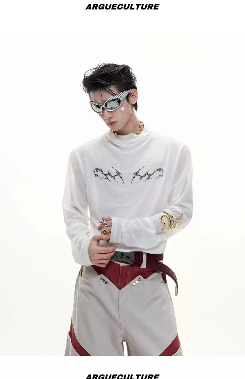 Metallic Print Mesh Long Sleeve T-Shirt