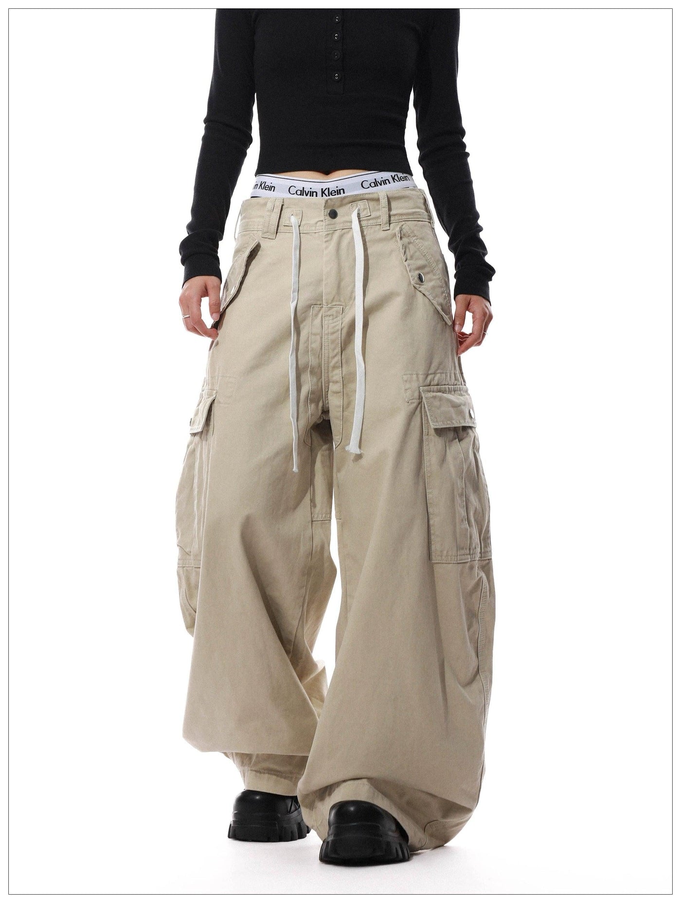 Structured Drawstring Wide Cargo Pants