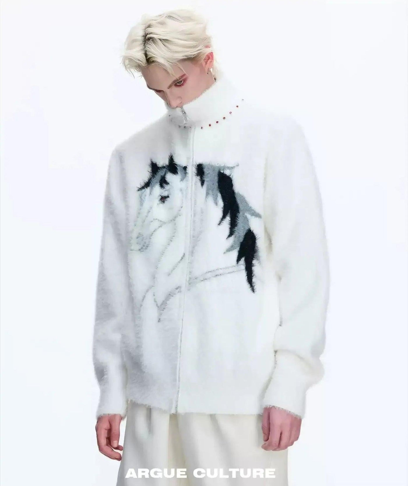 Horse Graphic Funnel Neck Zipped Sweater