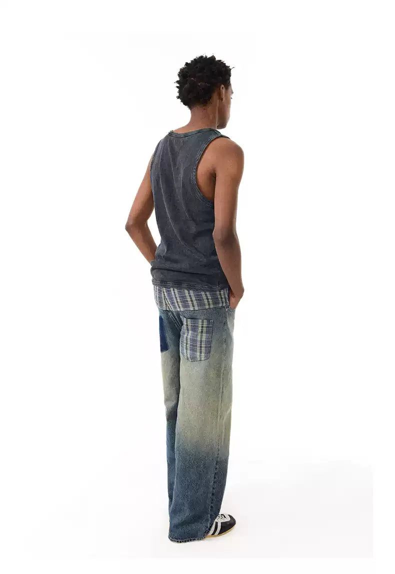 Fade Highlight Plaid Splice Jeans