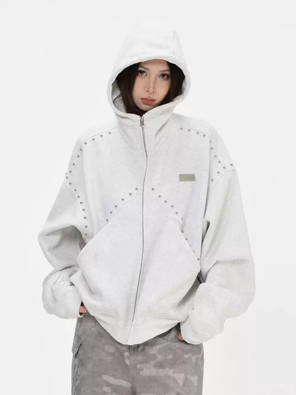 Rivet-Studded Oversize Fit Zip-Up Hoodie