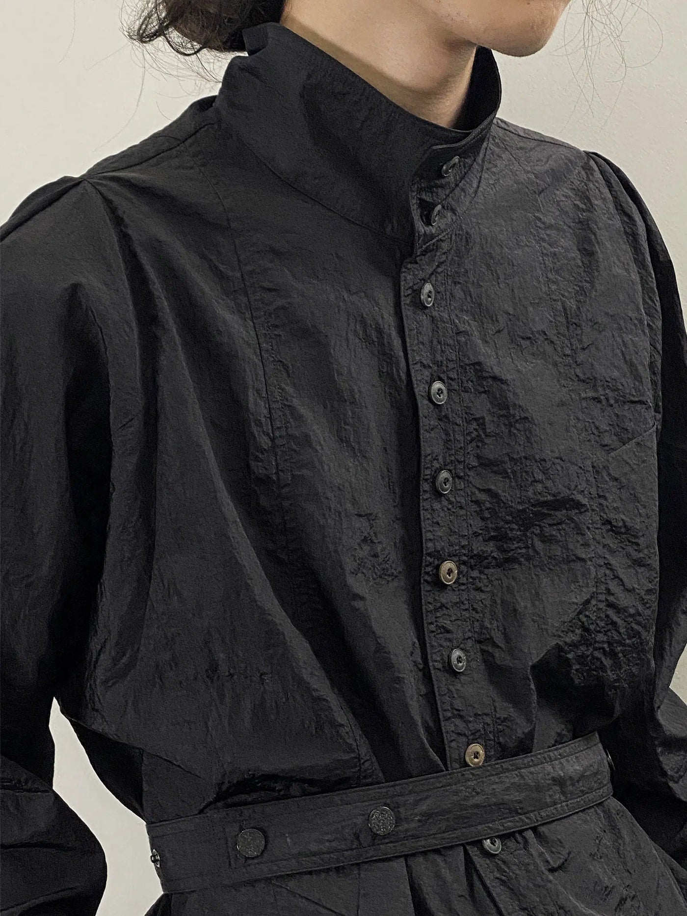 Stand Up Collar Buttoned Long Sleeve Shirt