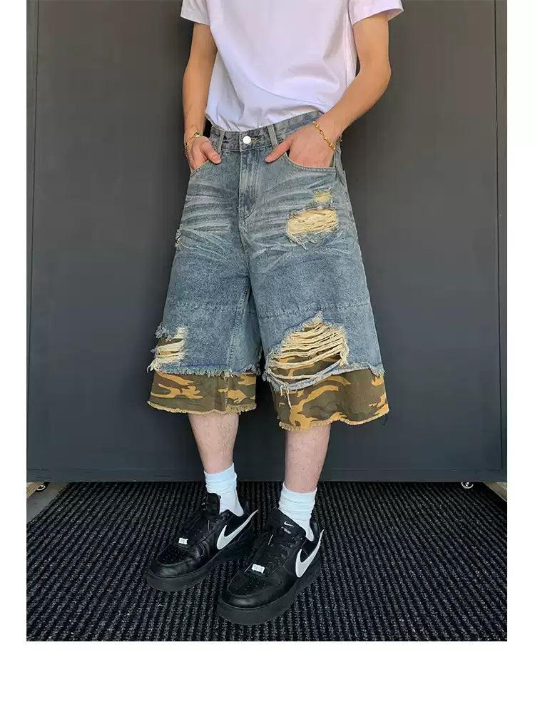 Camouflage Layer Distressed Denim Shorts