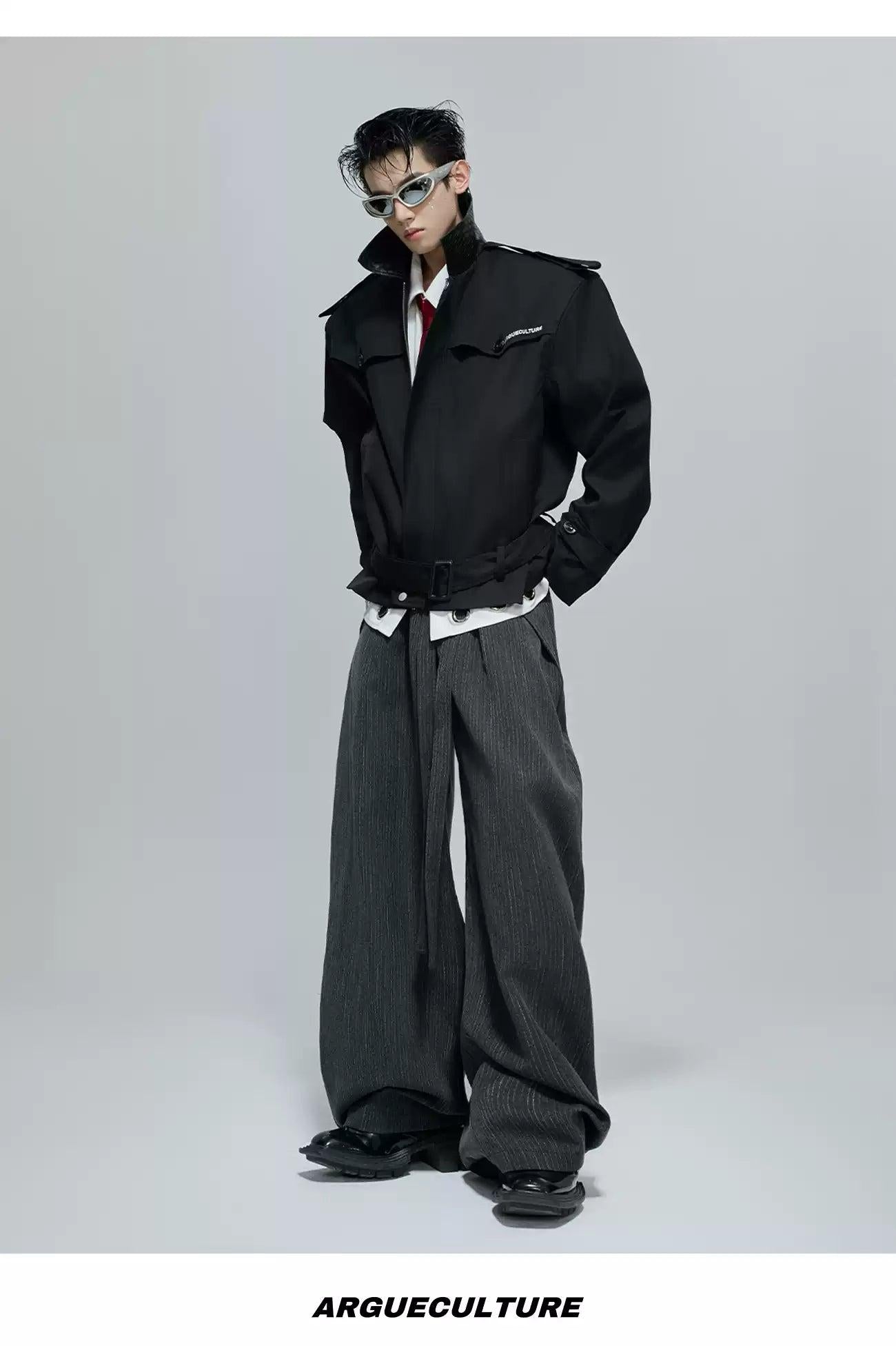 Faux Leather Collar Strap Belt Jacket