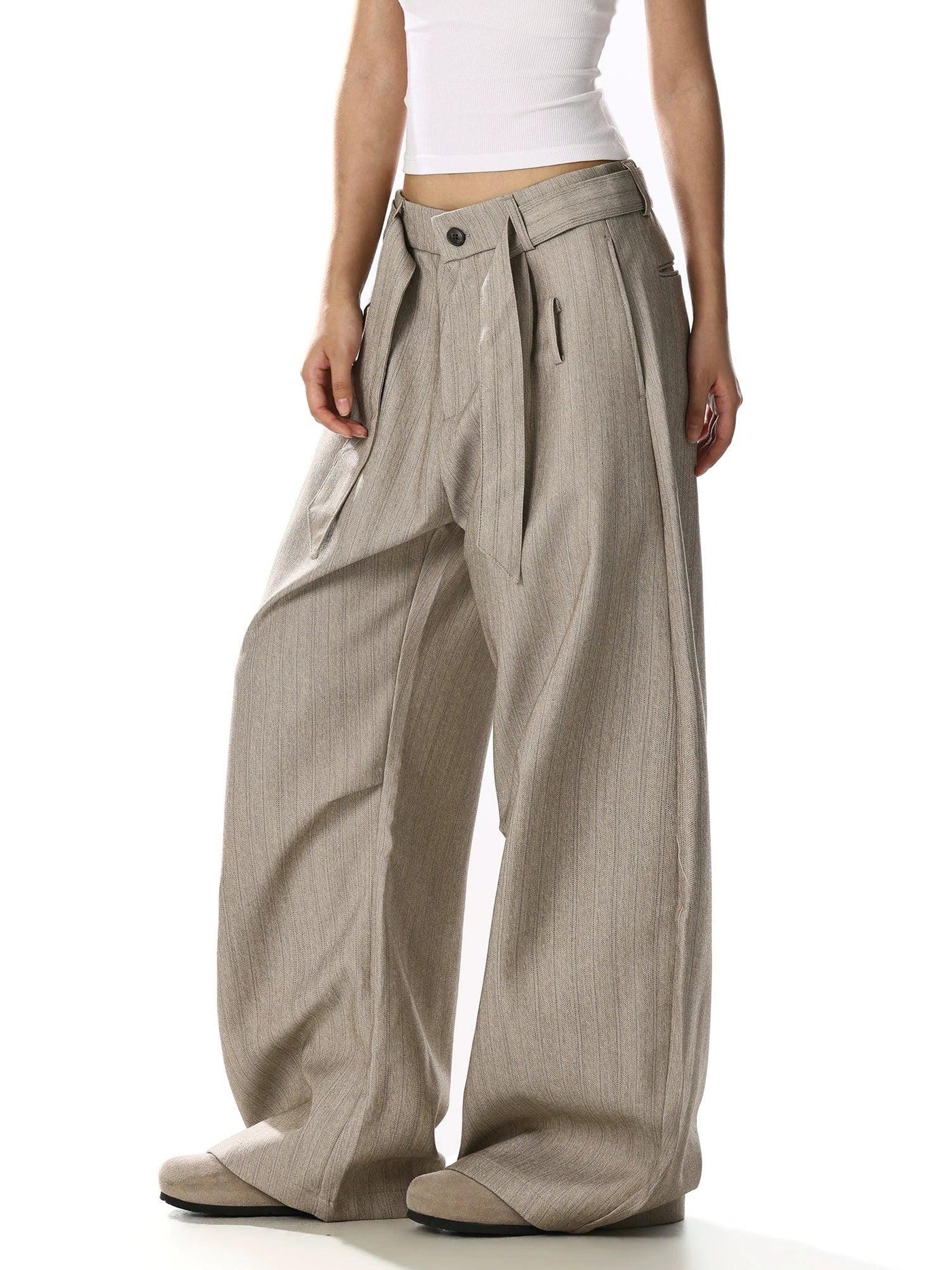 Belted Striped Curved Trousers