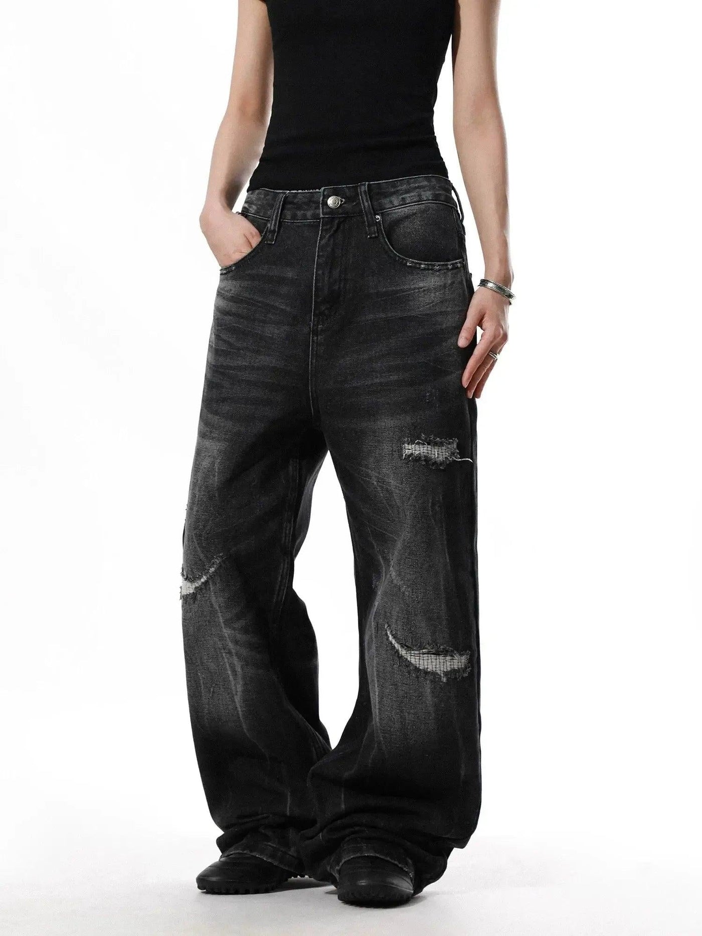 Distressed Patchwork Wide Jeans