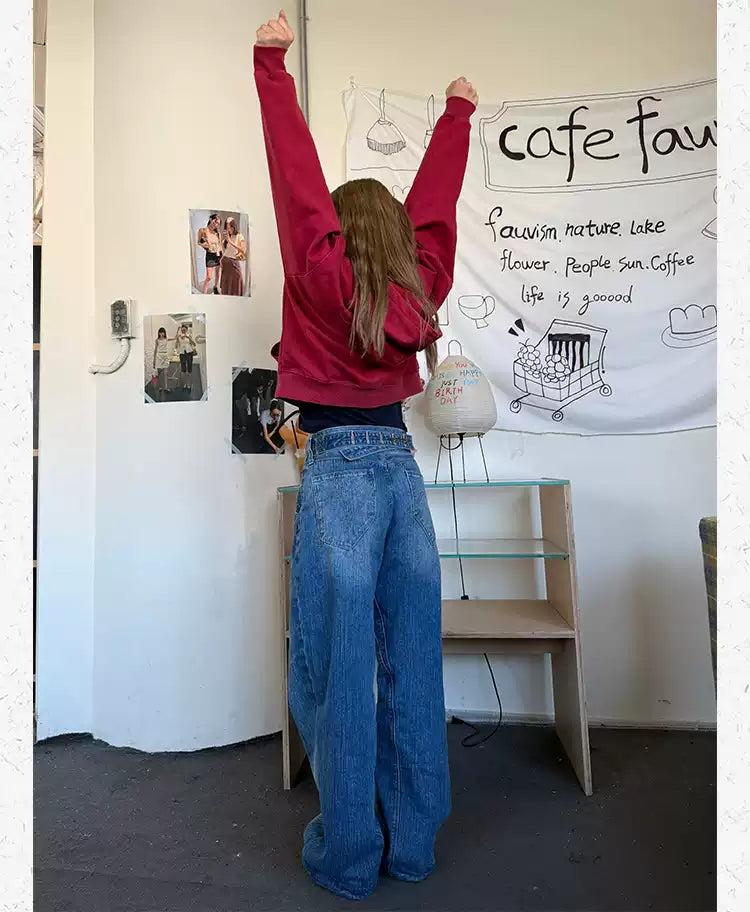 Bamboo Pattern Washed Wide Leg Jeans