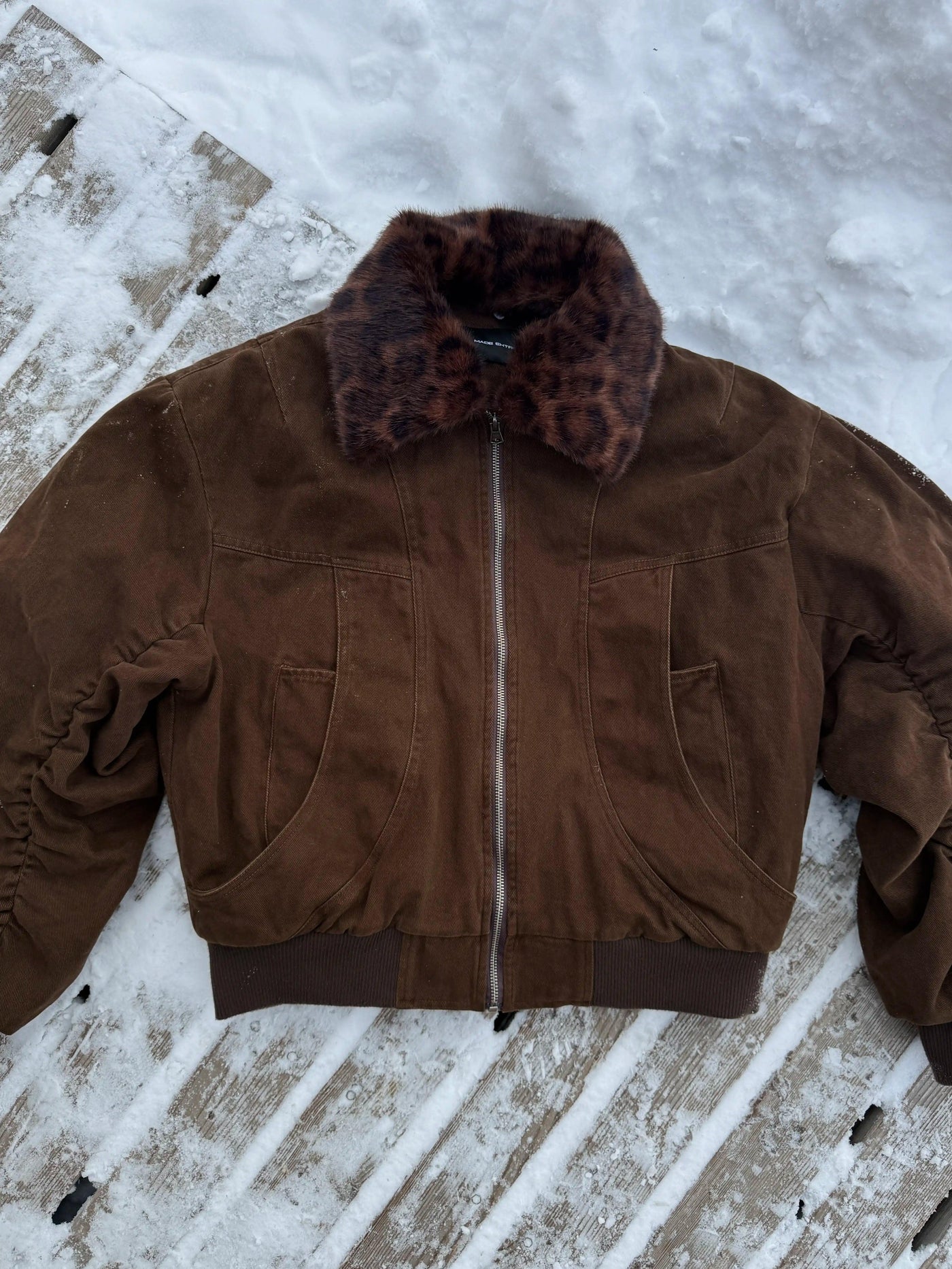 Leopard Print Faux Fur Collar Denim Jacket