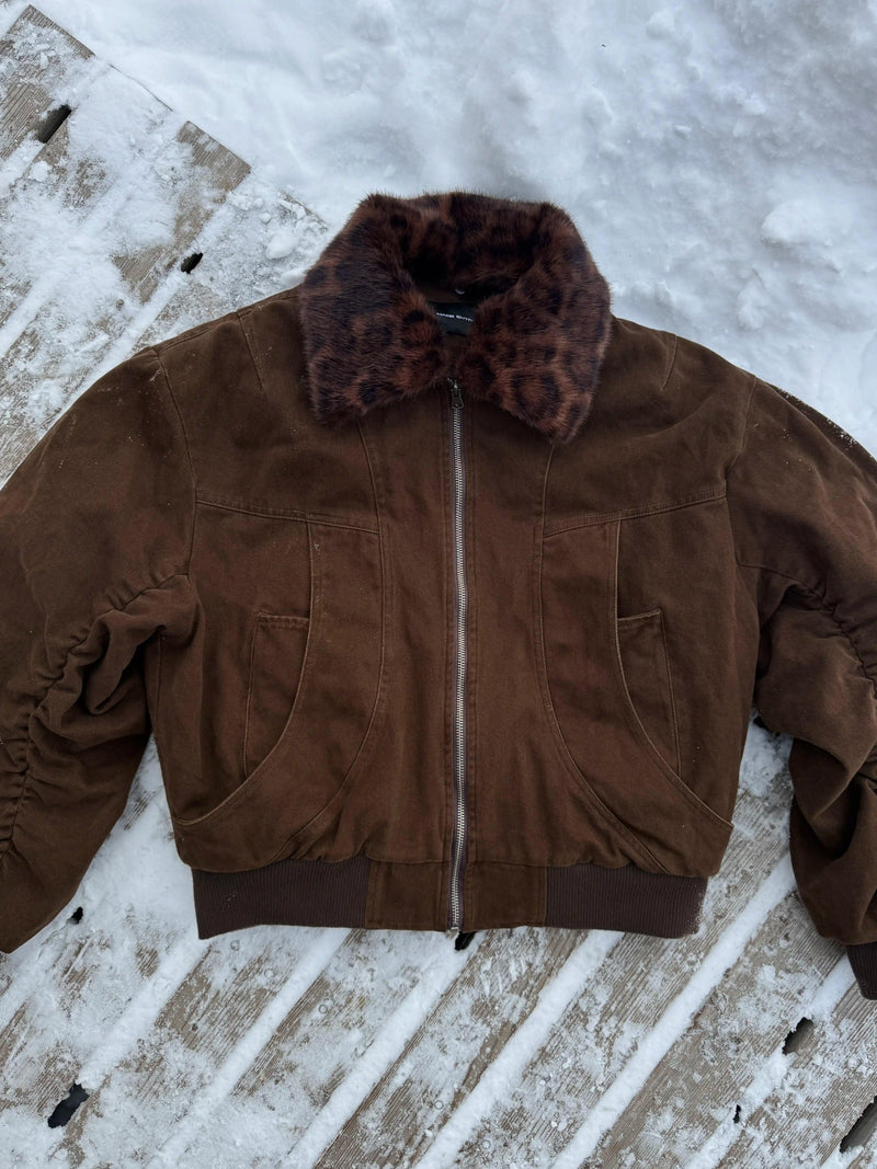 Leopard Print Faux Fur Collar Denim Jacket