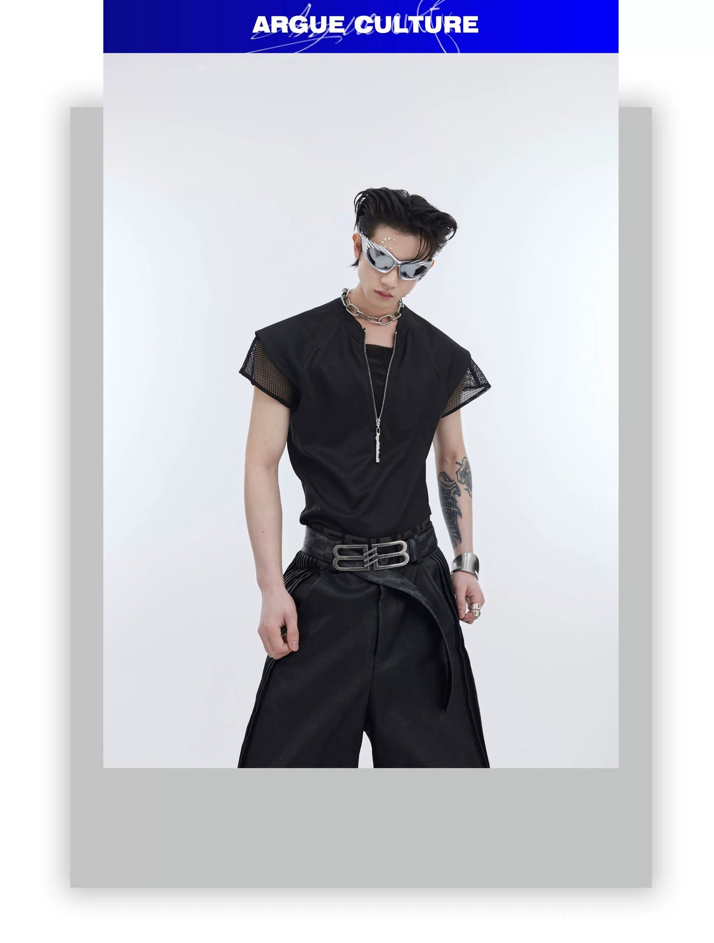 Mesh Sleeve Half-Zipped Shirt