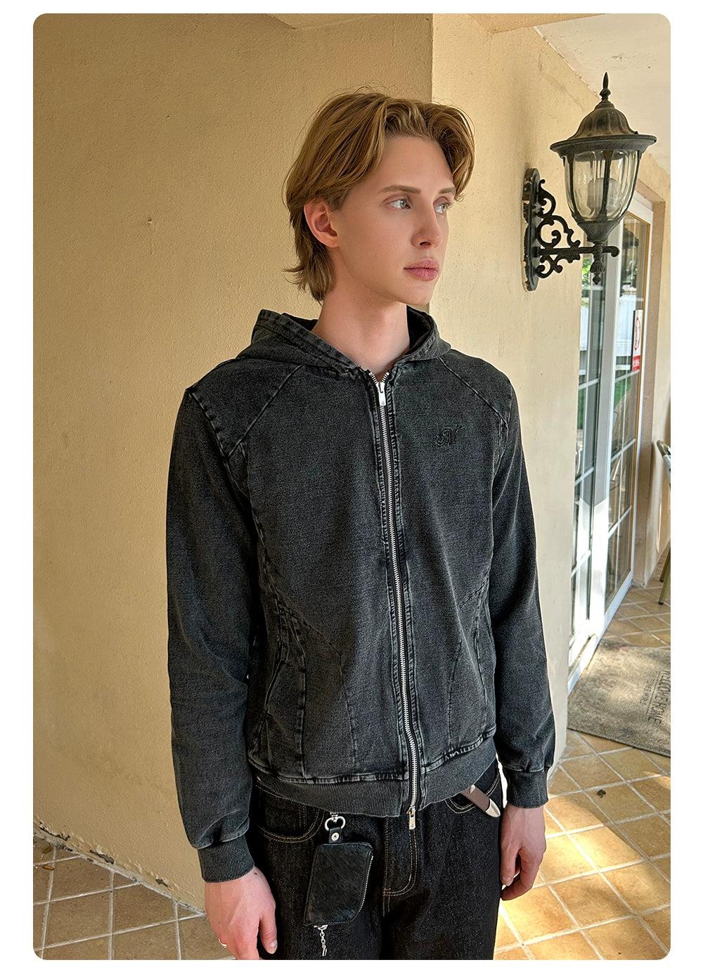 Grunged and Washed Hooded Denim Jacket