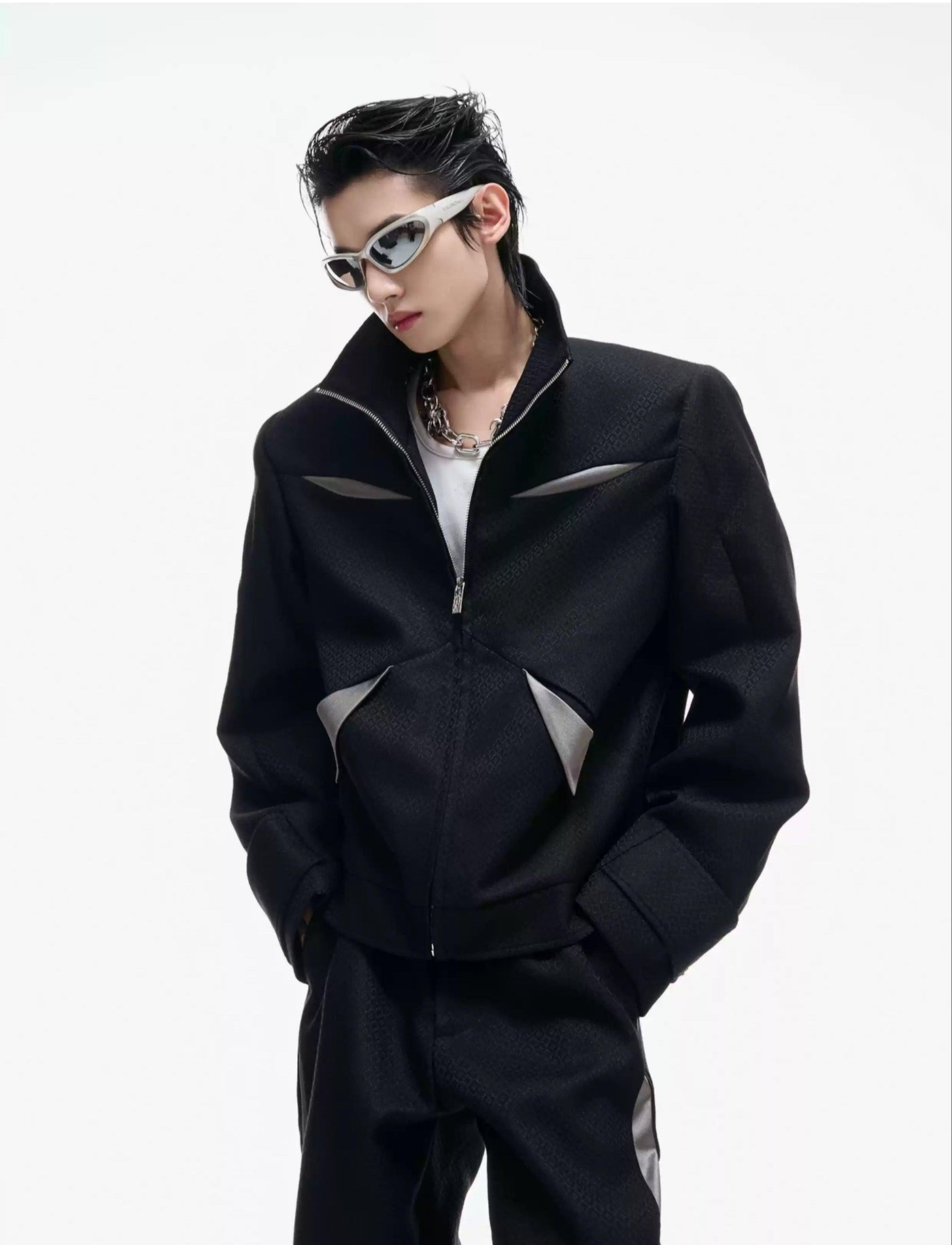 Spliced Contrast Boxy Jacket & Flared Trousers Set