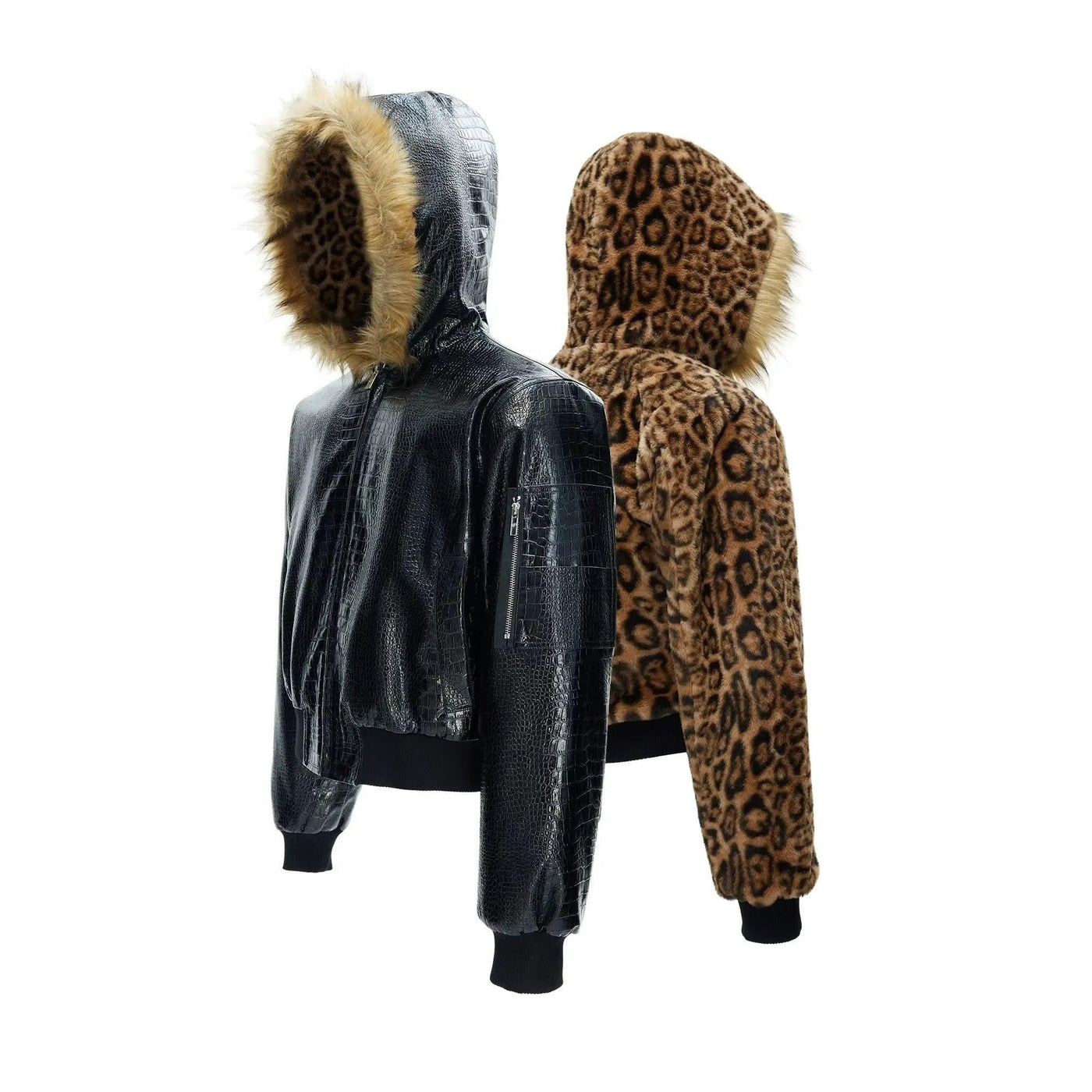 Reversible Leopard Print Faux Fur Textured PU Leather Jacket