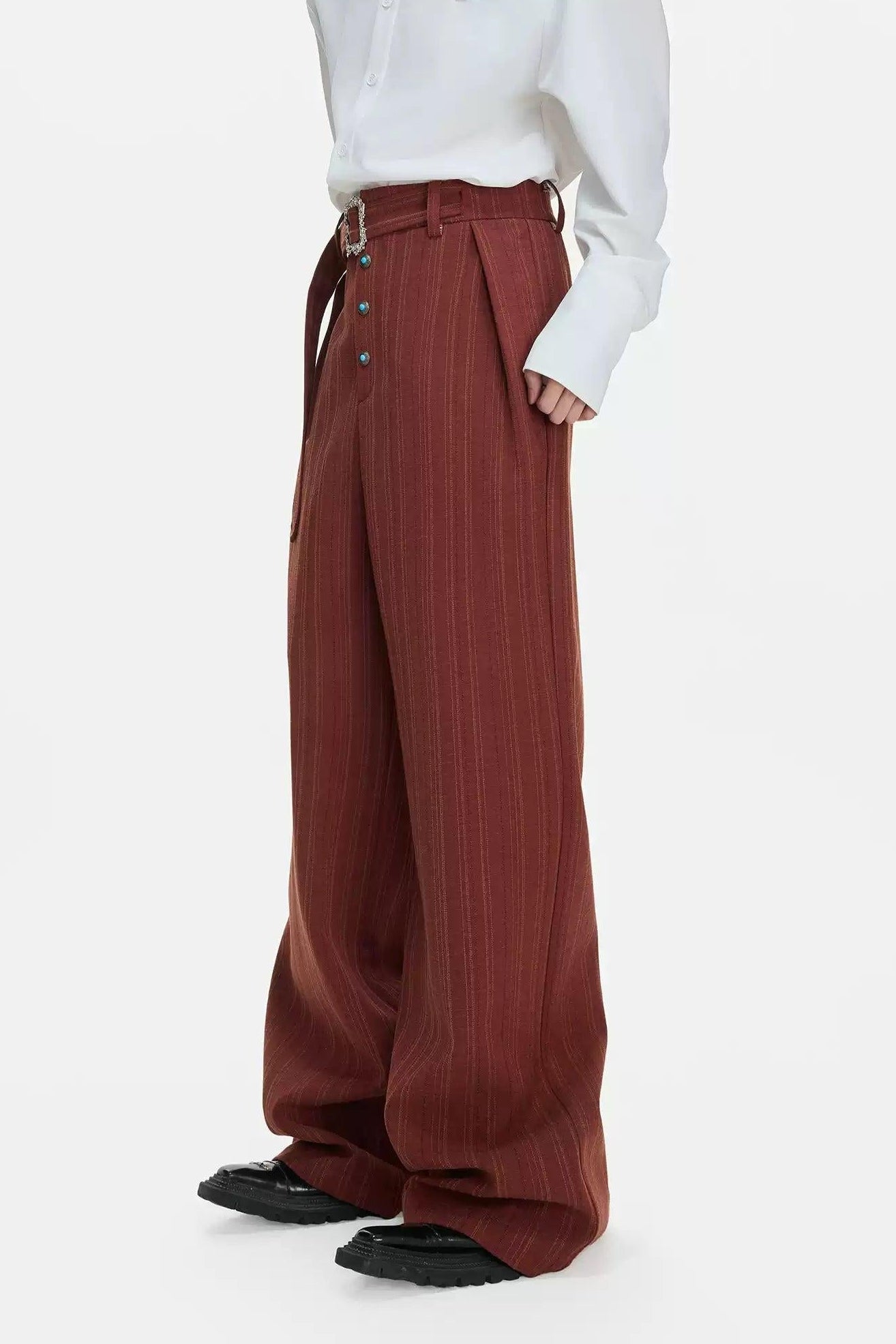 Decorated Buckle Belt Striped Trousers