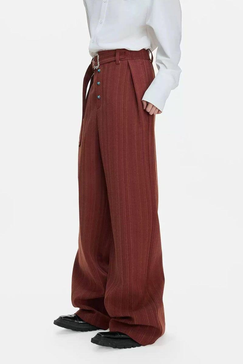 Decorated Buckle Belt Striped Trousers