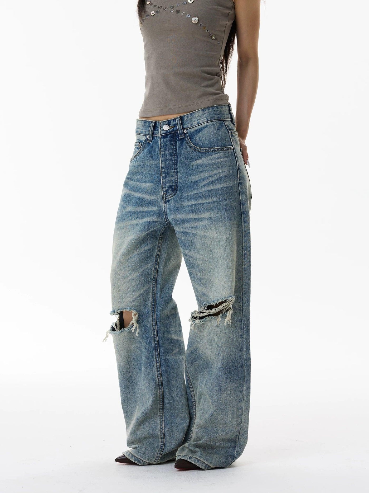 Washed Distressed Denim Jeans