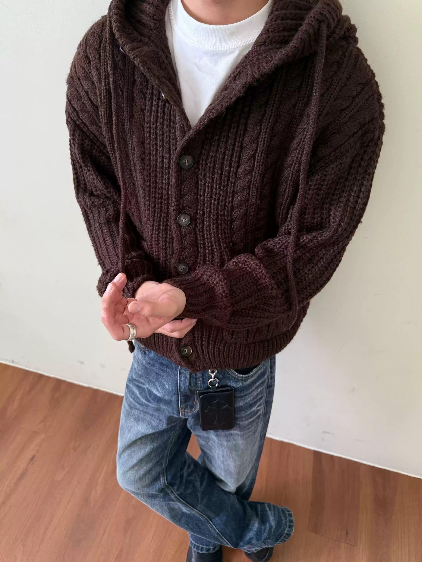 Twisted Knit Hooded Buttoned Sweater