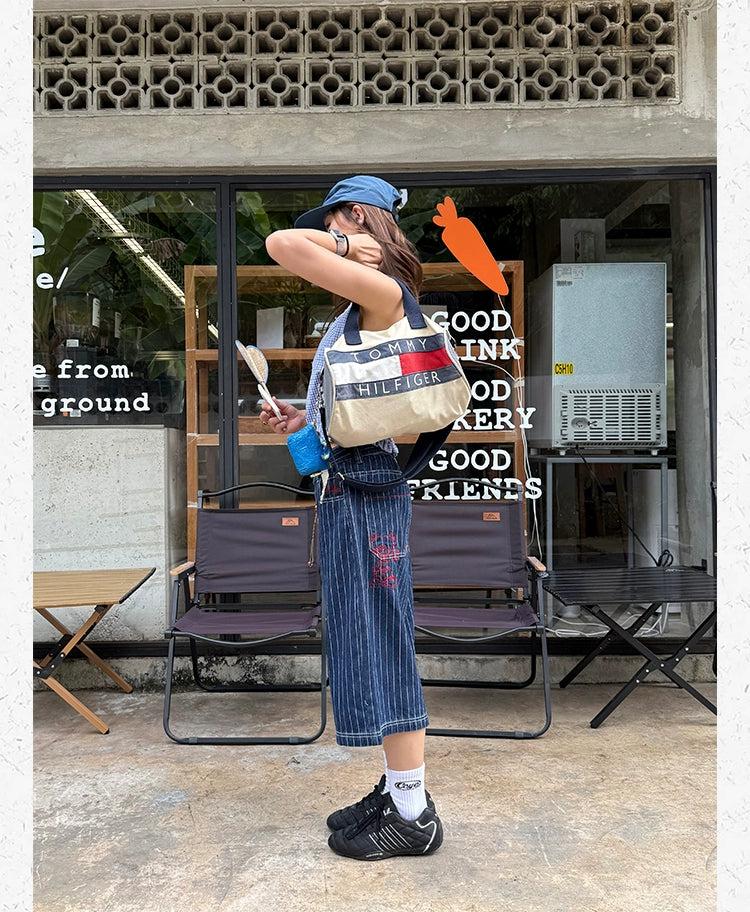 Striped Contrast Stitches Denim Shorts