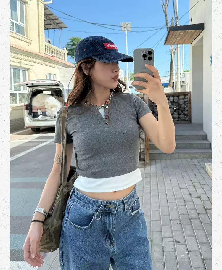 Henley Collar Spliced Cropped T-Shirt