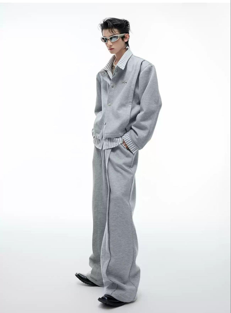 Layered Stripe Buttoned Jacket & Drawstring Sweatpants Set