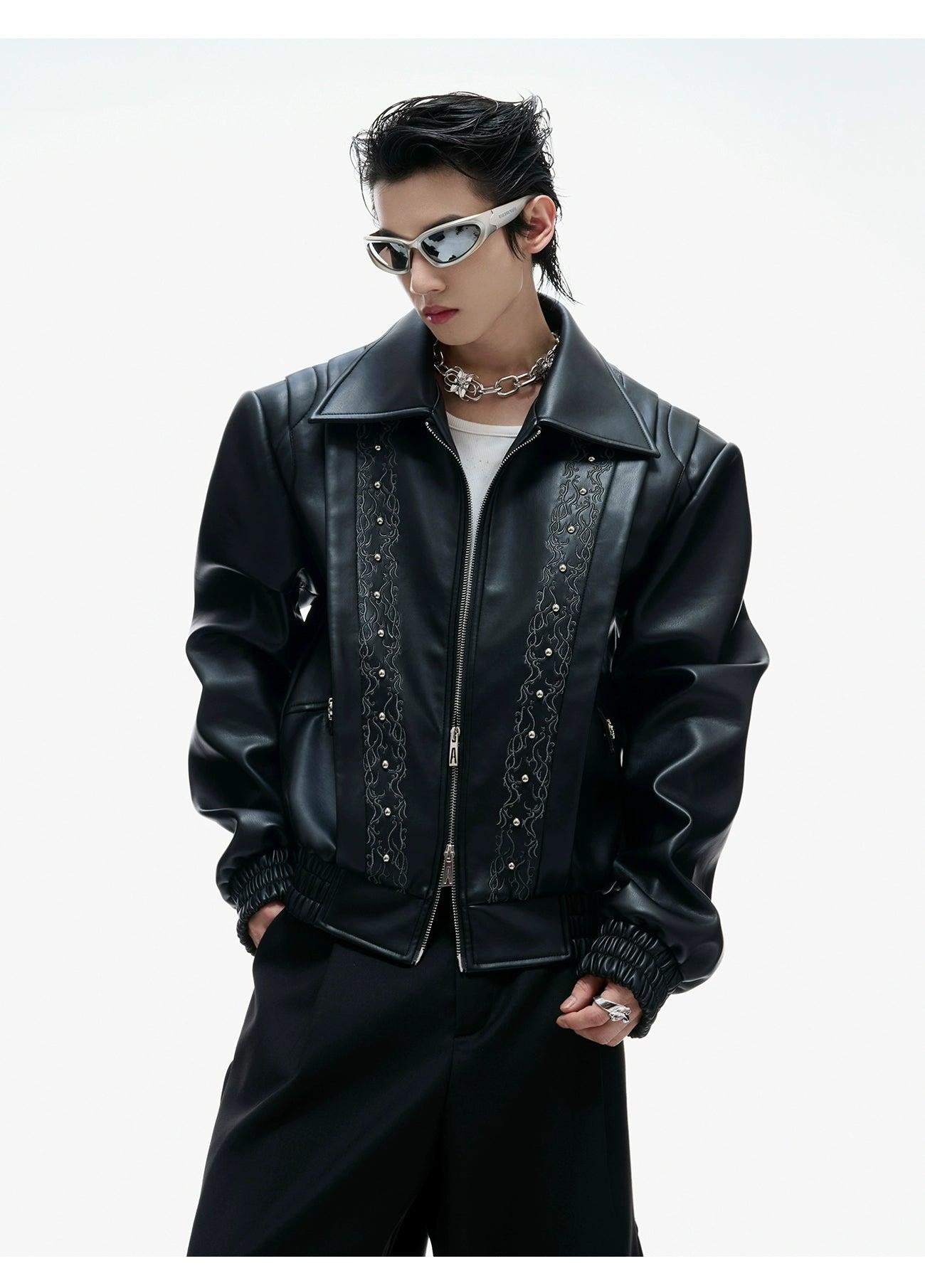 Vine Embroidery Structured PU Leather Jacket