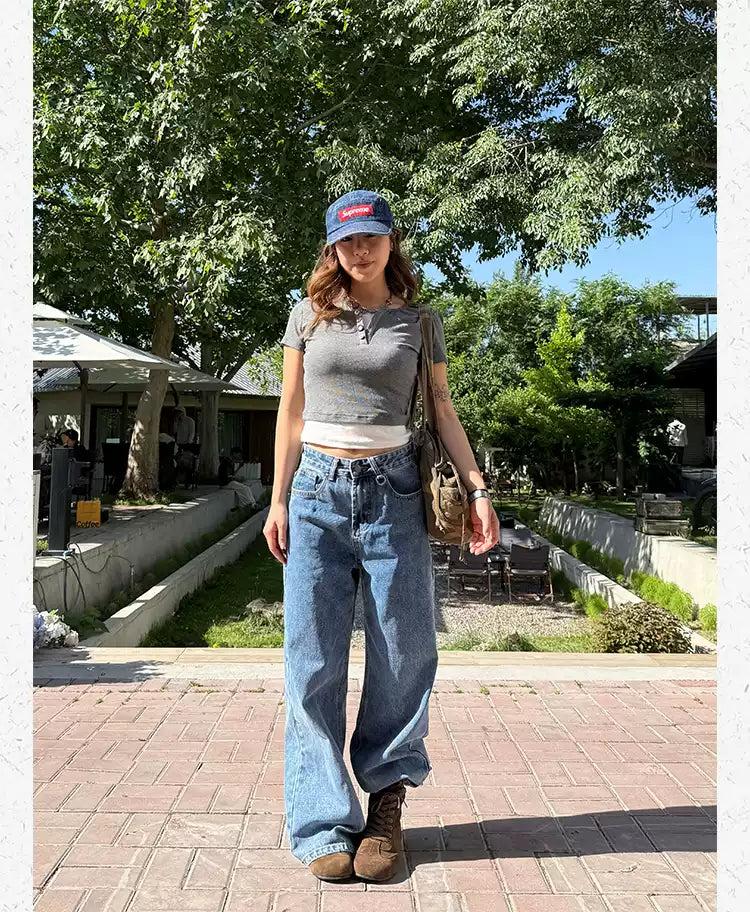Henley Collar Spliced Cropped T-Shirt