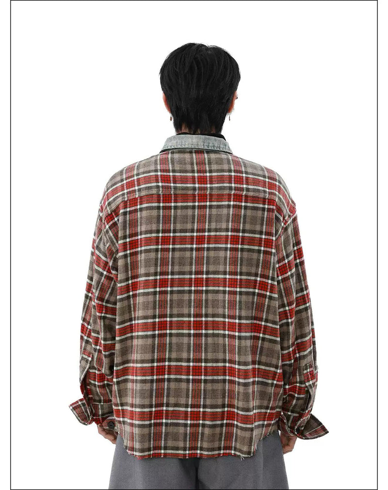 Spliced Denim Plaid Shirt