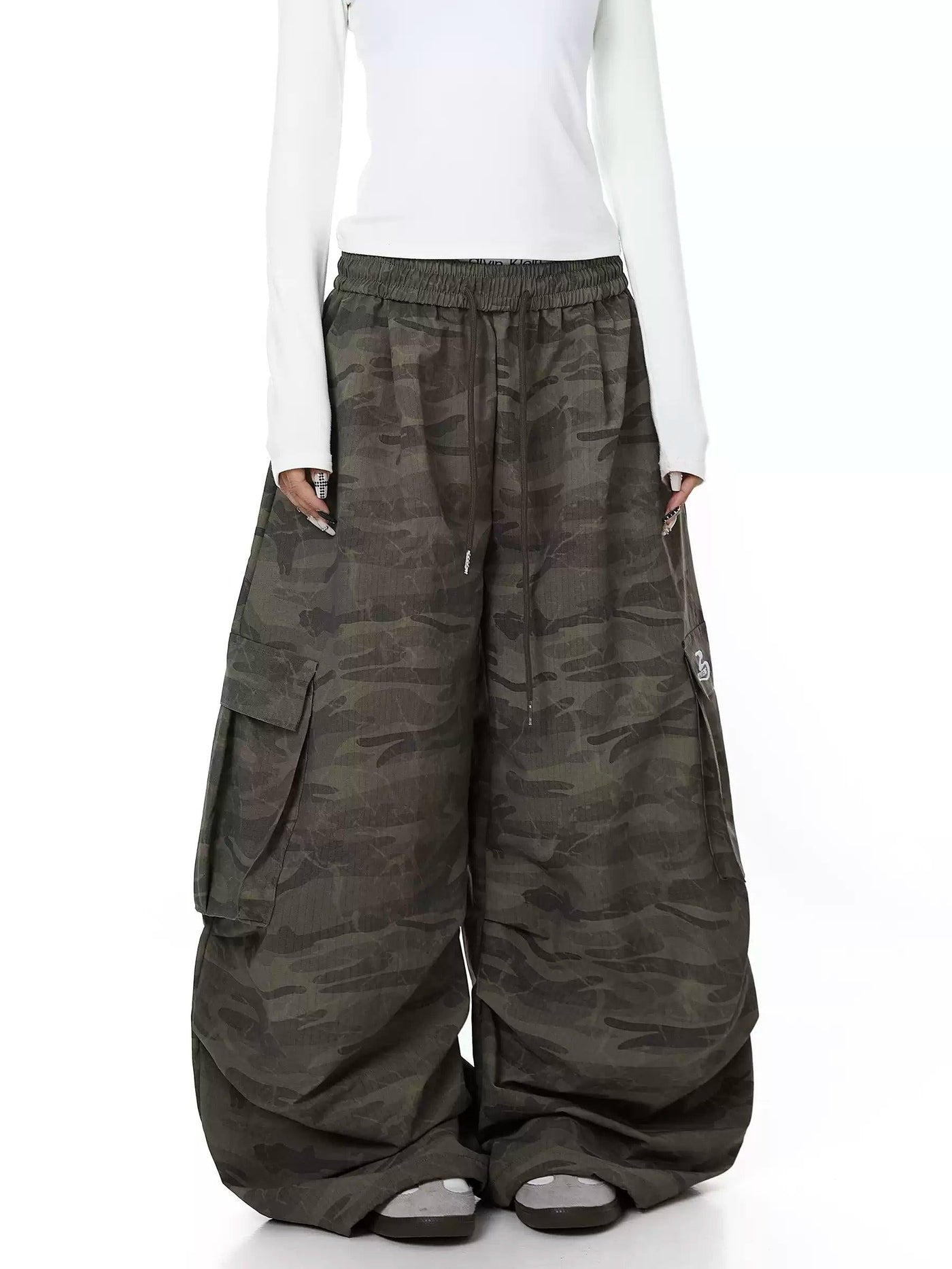 Drawstring Camo Wide Leg Cargo Pants