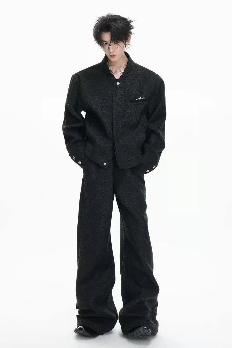 Stand Collar Strapped Jacket & Adjustable Waist Pants Set