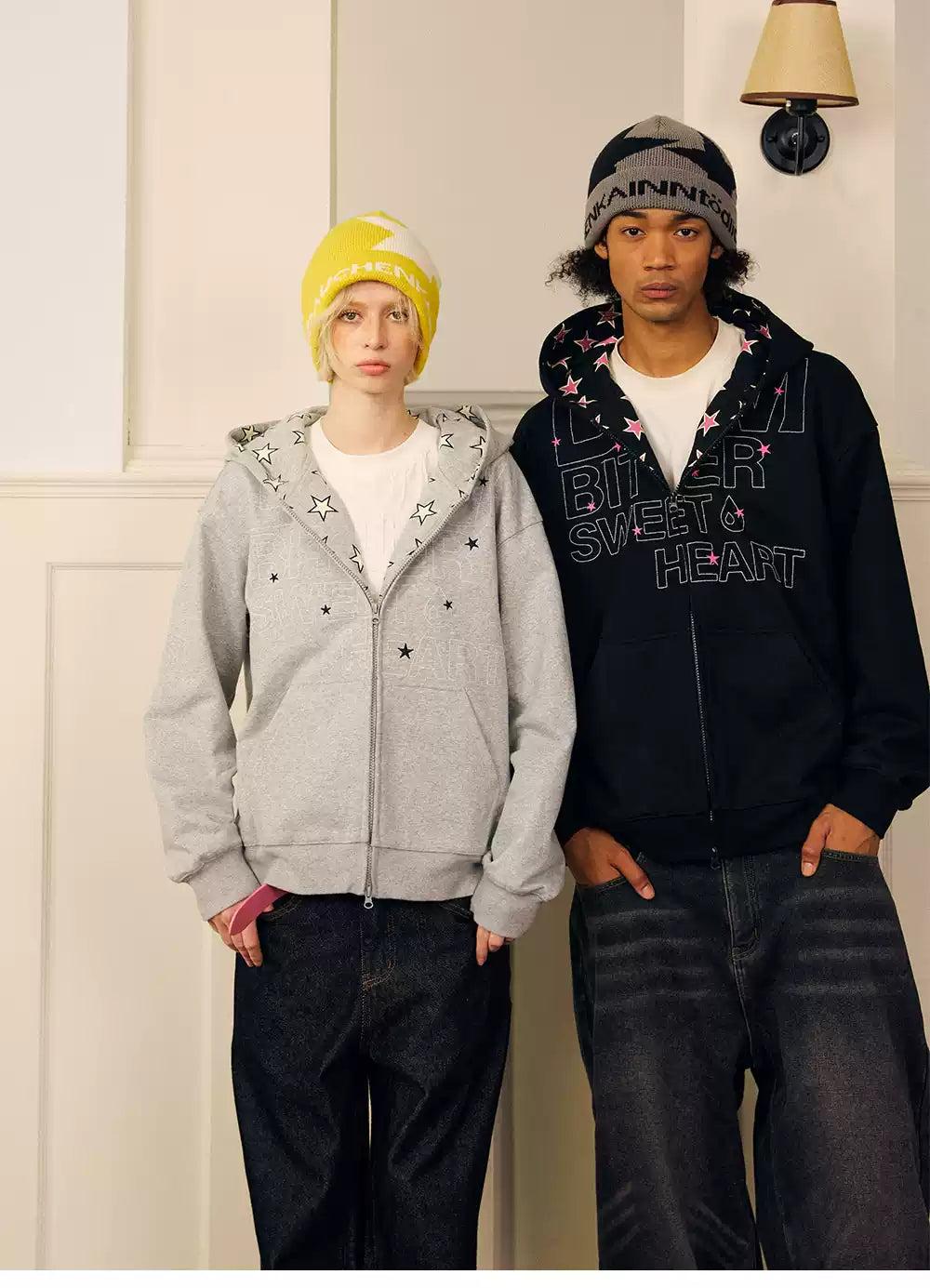 Outlined Logo and Star Print Zipped Hoodie