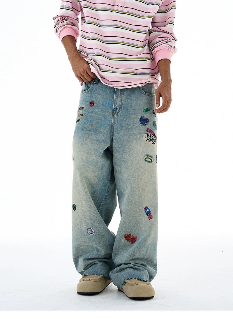 Faded Printed Stickers Wide Leg Jeans
