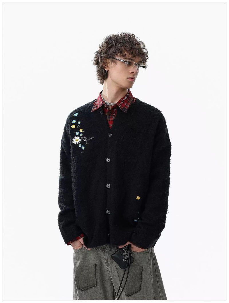 Embroidered Flower Fuzzy Cardigan
