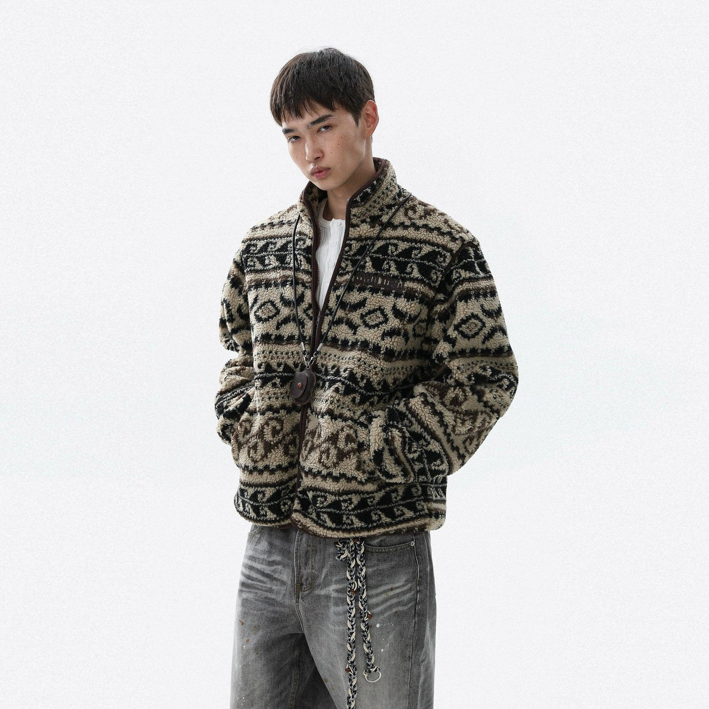 Detachable Sleeve Patterned Fleece Jacket