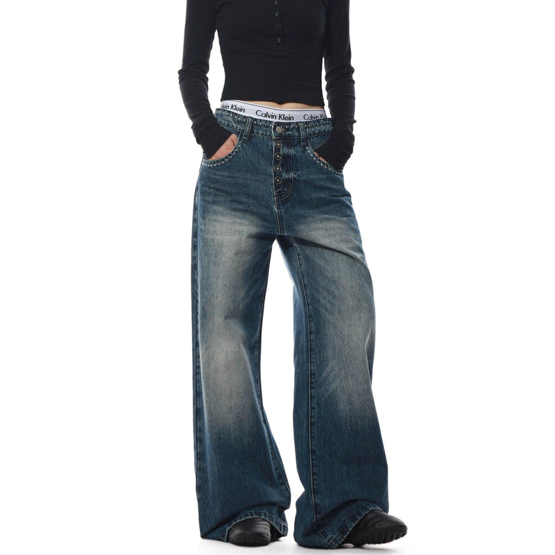 Washed Button-Down Flared Jeans
