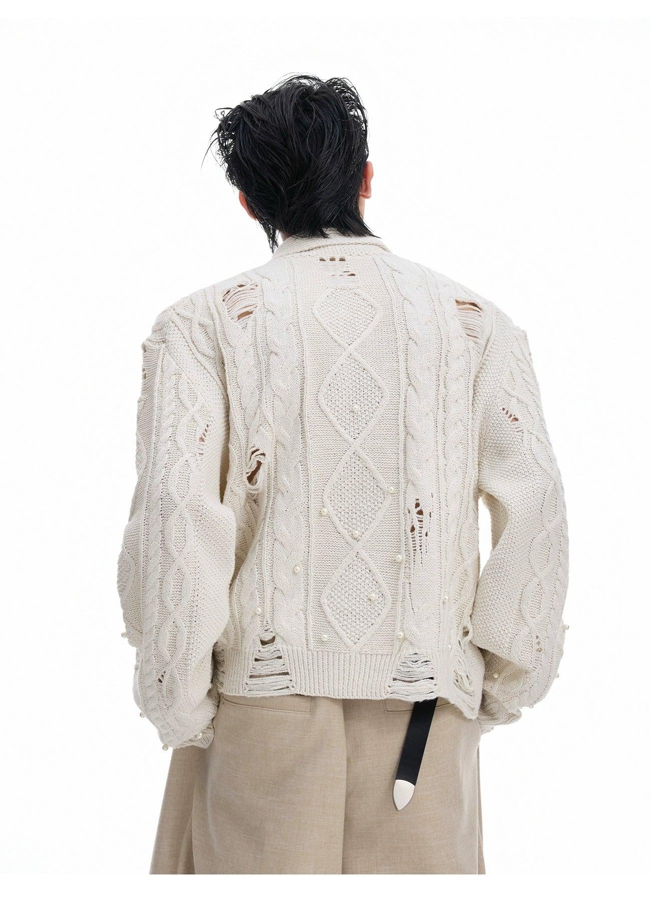 Distressed Pearl Detail Knit Cardigan