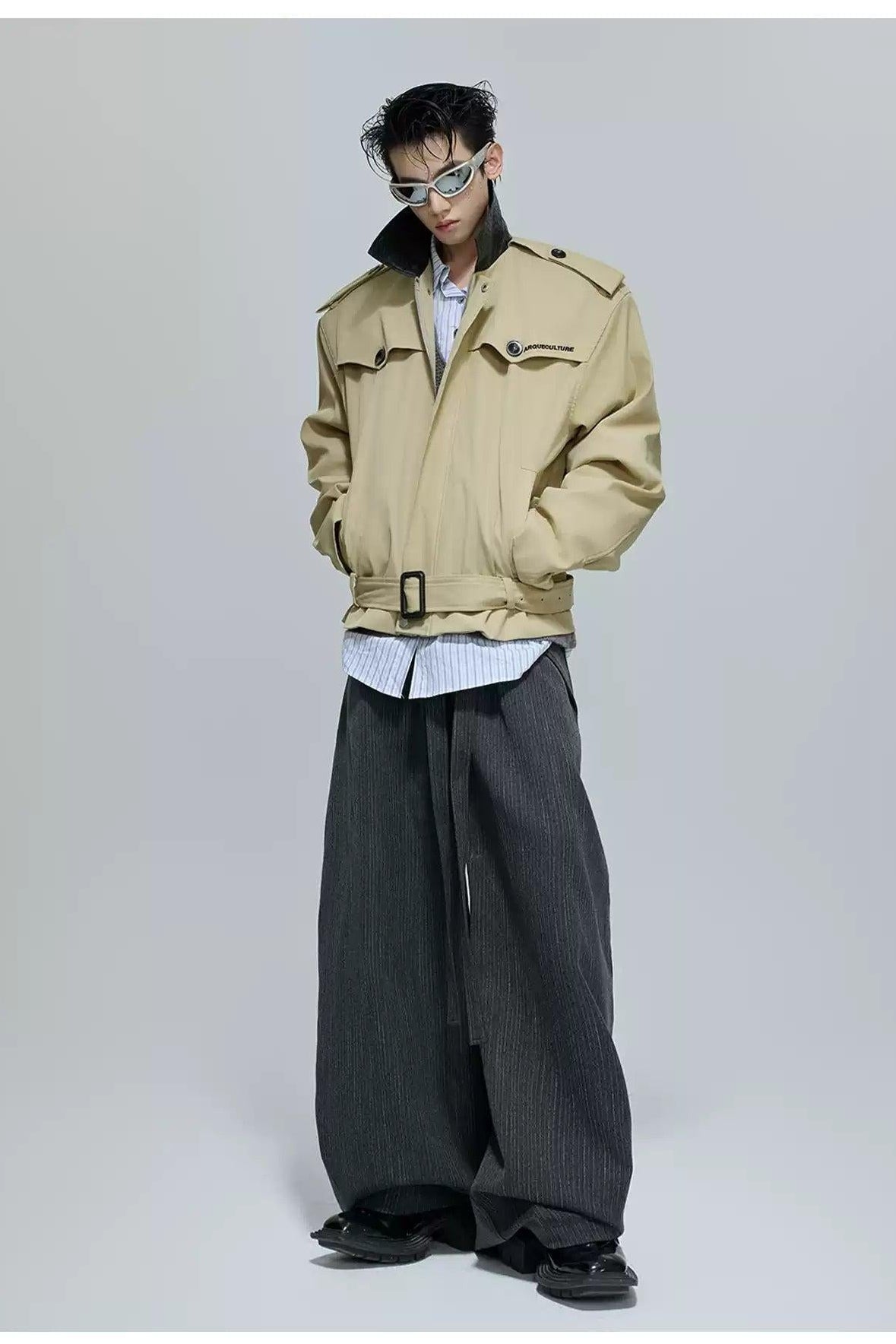 Faux Leather Collar Strap Belt Jacket