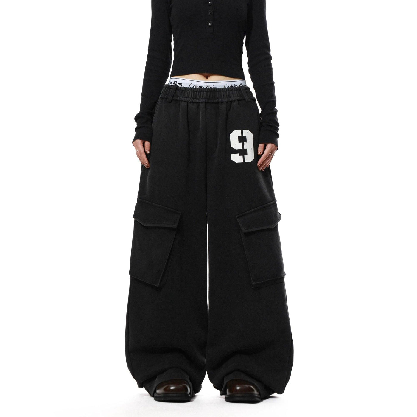 Number Printed Plaid Layered Cargo Pants
