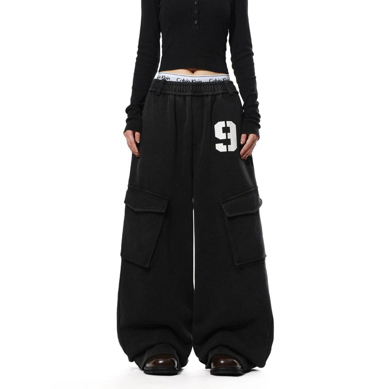 Number Printed Plaid Layered Cargo Pants