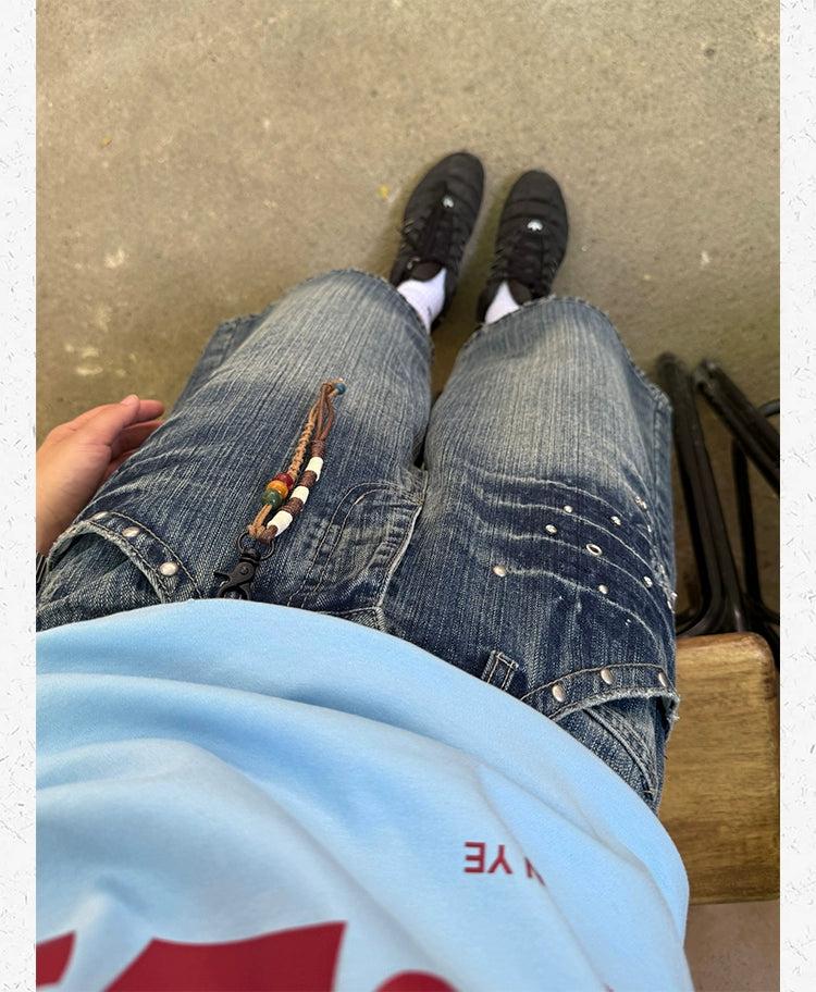 Retro Rivet Faded Denim Shorts
