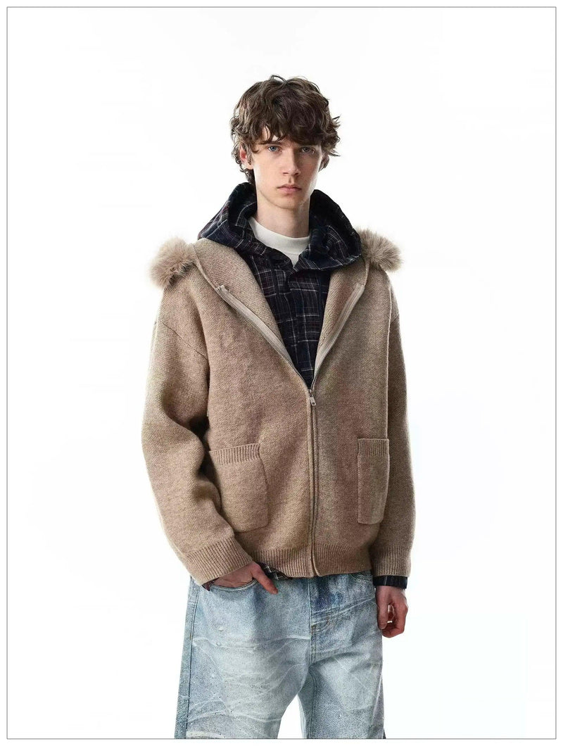 Faux Fur Trim Knitted Hood Jacket