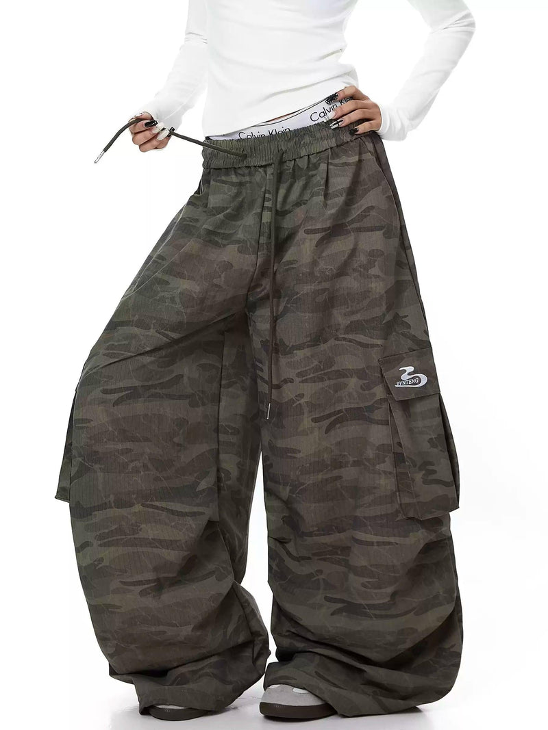Drawstring Camo Wide Leg Cargo Pants