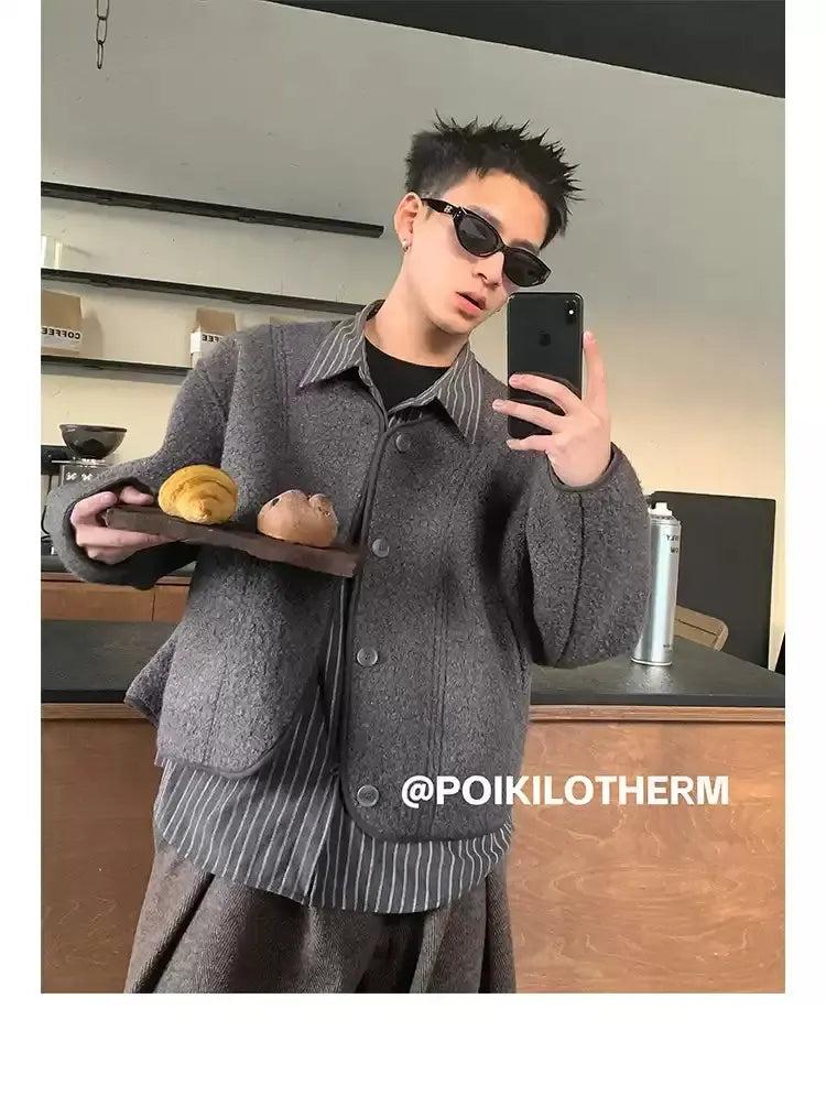 Fleece Cardigan Layered Striped Shirt