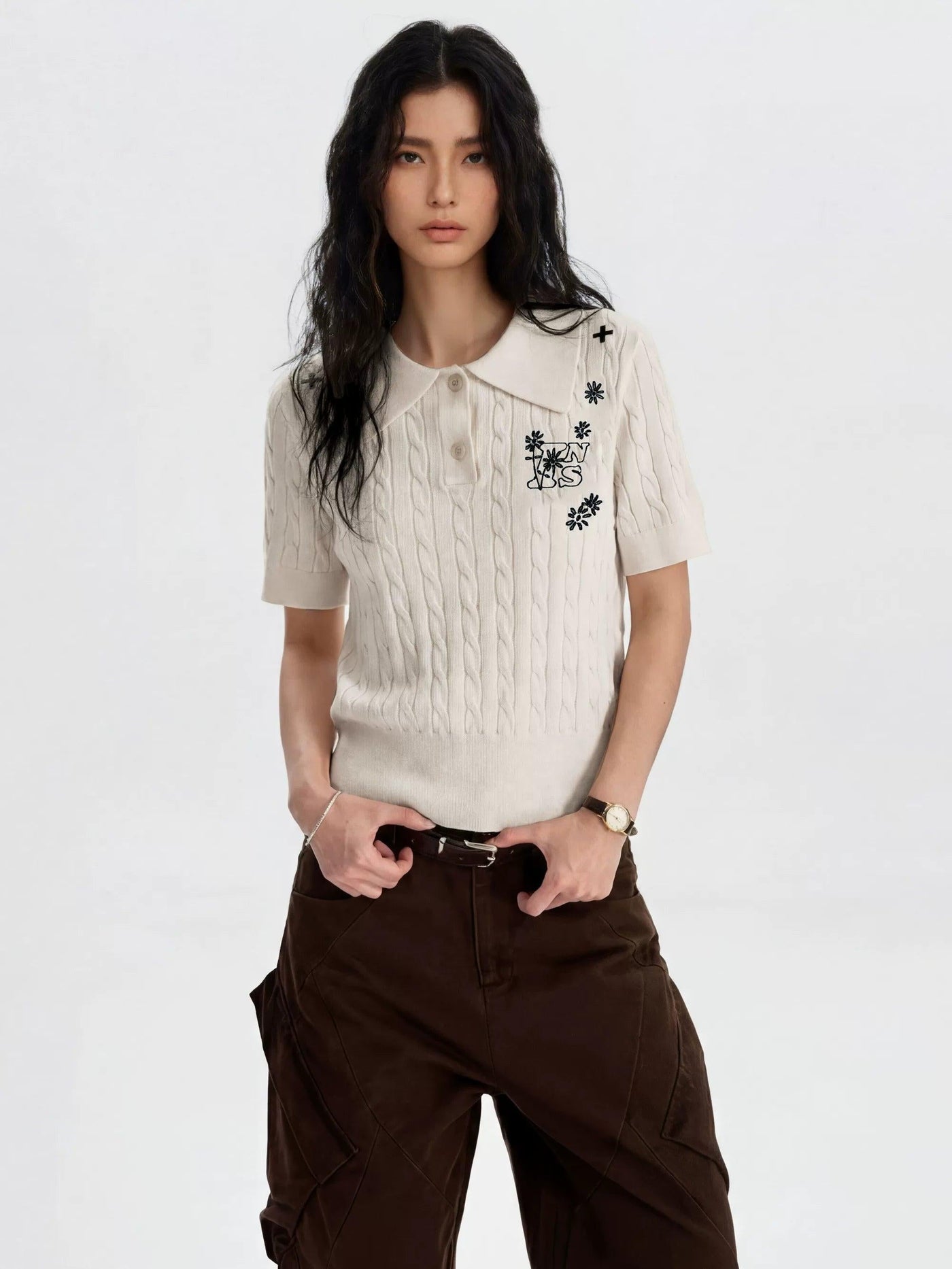 Cropped Cable Knit Polo
