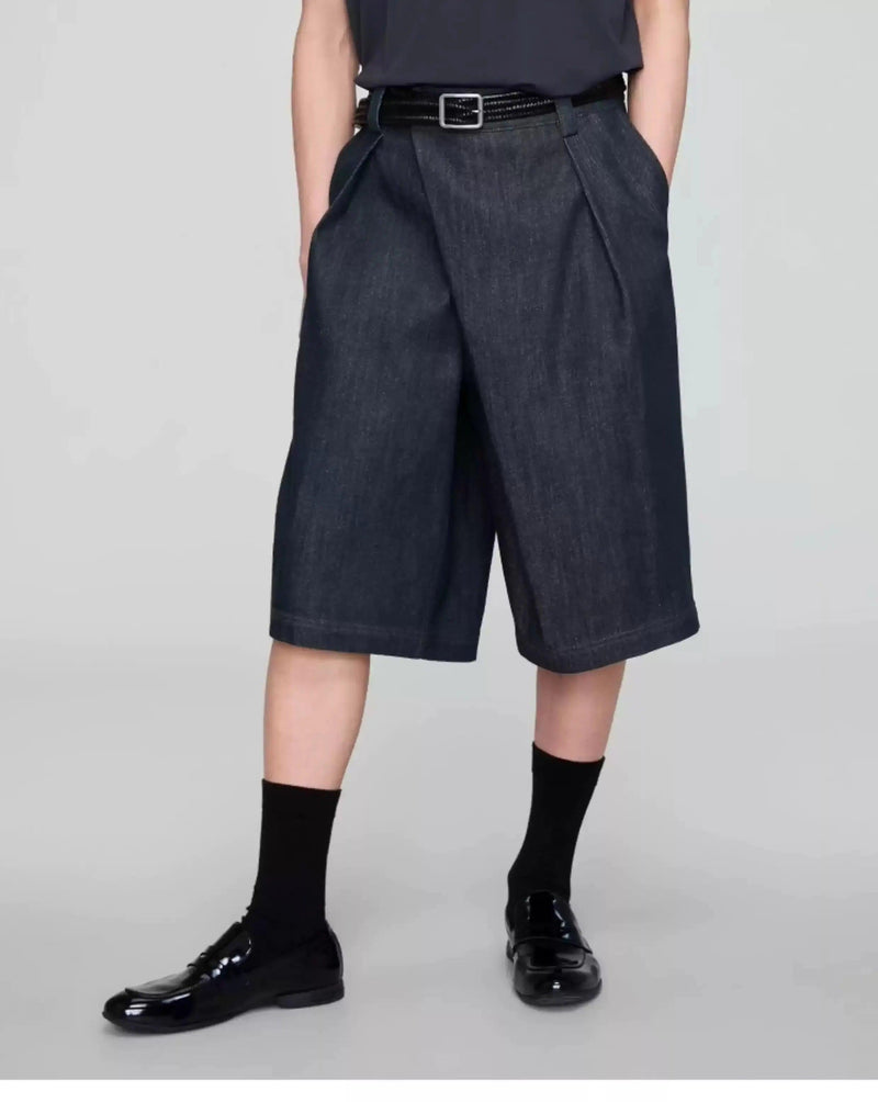 Slant Placket Wide Denim Shorts