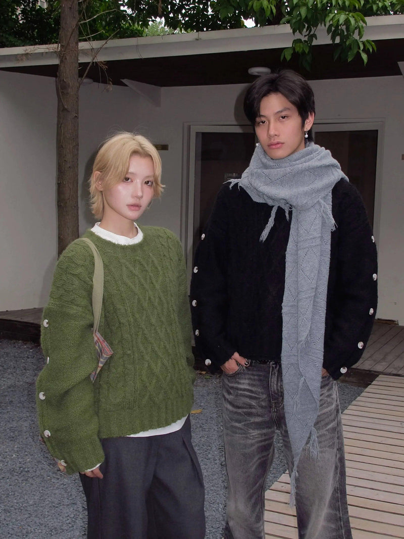 Buttoned Sleeve Pattern Knit Sweater