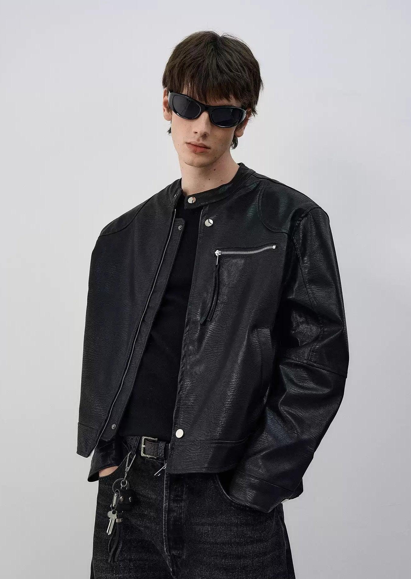 Textured Boxy Fit PU Leather Jacket