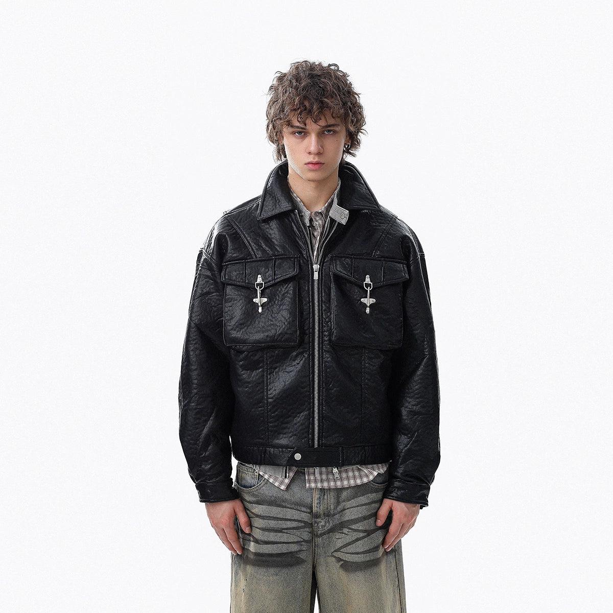 Embossed Pockets Textured PU Leather Jacket